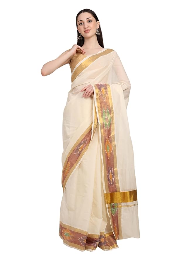 Iris Posh Kerala Kasavu Cotton Saree, Offwhite with Multicolour Border, Traditional Onam Style, 6.25 Metres