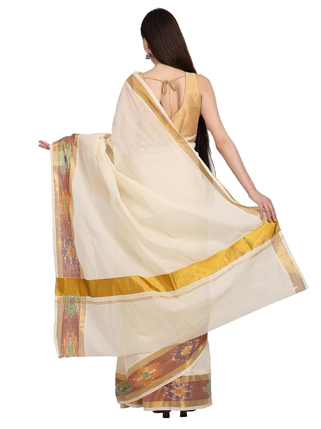 Iris Posh Kerala Kasavu Cotton Saree, Offwhite with Multicolour Border, Traditional Onam Style, 6.25 Metres