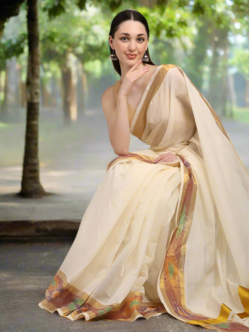 Iris Posh Kerala Kasavu Cotton Saree, Offwhite with Multicolour Border, Traditional Onam Style, 6.25 Metres