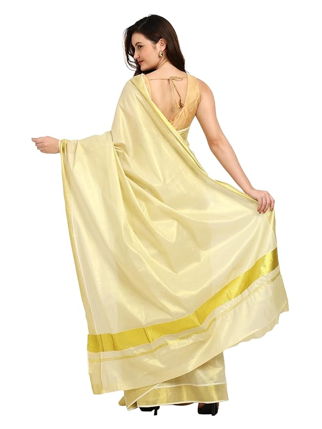 Iris Posh Women's Kerala Kasavu Golden Tissue Saree with Running Blouse | Premium Pure tissue Cotton | White & Golden South Indian Traditional Saree for Onam, Weddings & Festivals | 6.25 Metres