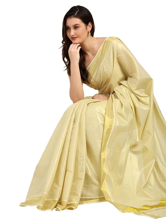 Iris Posh Women's Kerala Kasavu Golden Tissue Saree with Running Blouse | Premium Pure tissue Cotton | White & Golden South Indian Traditional Saree for Onam, Weddings & Festivals | 6.25 Metres