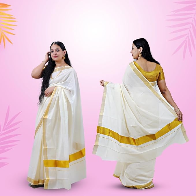 Iris Posh Women's South Indian Kerala Kasavu Saree for Women | Traditional Onam Saree Golden Rich Pallu & Running Blouse | Festival & Temple Wear | Authentic Kasav Cotton Saree 6.25 Meters