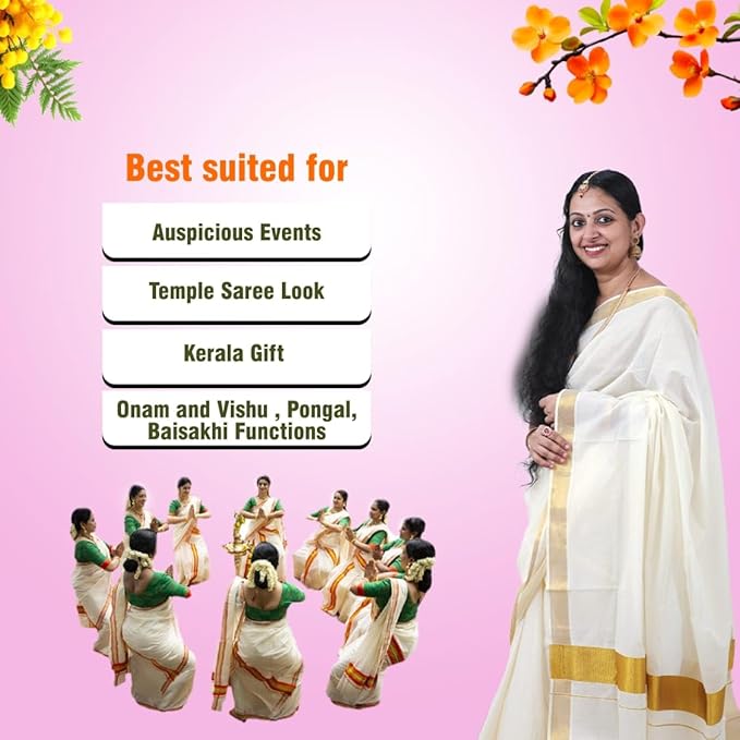 Iris Posh Women's South Indian Kerala Kasavu Saree for Women | Traditional Onam Saree Golden Rich Pallu & Running Blouse | Festival & Temple Wear | Authentic Kasav Cotton Saree 6.25 Meters