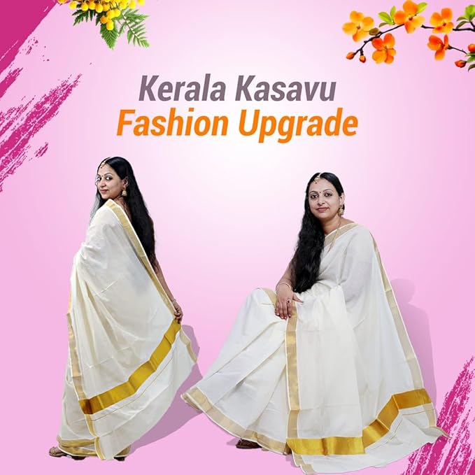 Iris Posh Women's South Indian Kerala Kasavu Saree for Women | Traditional Onam Saree Golden Rich Pallu & Running Blouse | Festival & Temple Wear | Authentic Kasav Cotton Saree 6.25 Meters