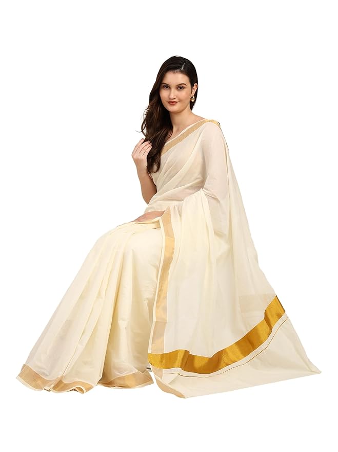 Iris Posh Women's South Indian Kerala Kasavu Saree for Women | Latest Onam Saree trendy Rich Pallu & Running Blouse | White Cotton saree for women with 6.25 Meters length