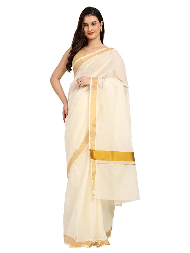 Iris Posh Women's South Indian Kerala Kasavu Saree for Women | Latest Onam Saree trendy Rich Pallu & Running Blouse | White Cotton saree for women with 6.25 Meters length
