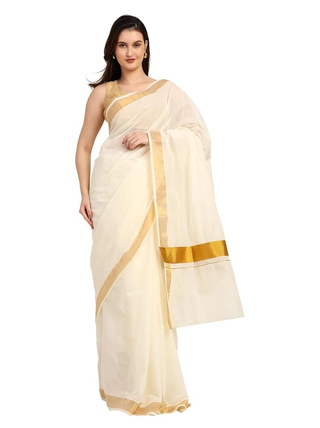 Iris Posh Women's South Indian Kerala Kasavu Saree for Women | Latest Onam Saree trendy Rich Pallu & Running Blouse | White Cotton saree for women with 6.25 Meters length