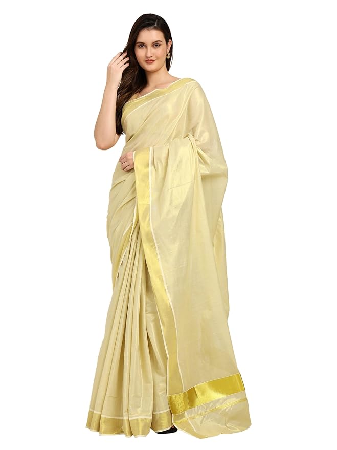 Iris Posh Women's Kerala Kasavu Golden Tissue Saree with Running Blouse | Premium Pure tissue Cotton | White & Golden South Indian Traditional Saree for Onam, Weddings & Festivals | 6.25 Metres