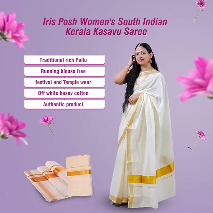 Iris Posh Women's South Indian Kerala Kasavu Saree for Women | Traditional Onam Saree Golden Rich Pallu & Running Blouse | Festival & Temple Wear | Authentic Kasav Cotton Saree 6.25 Meters