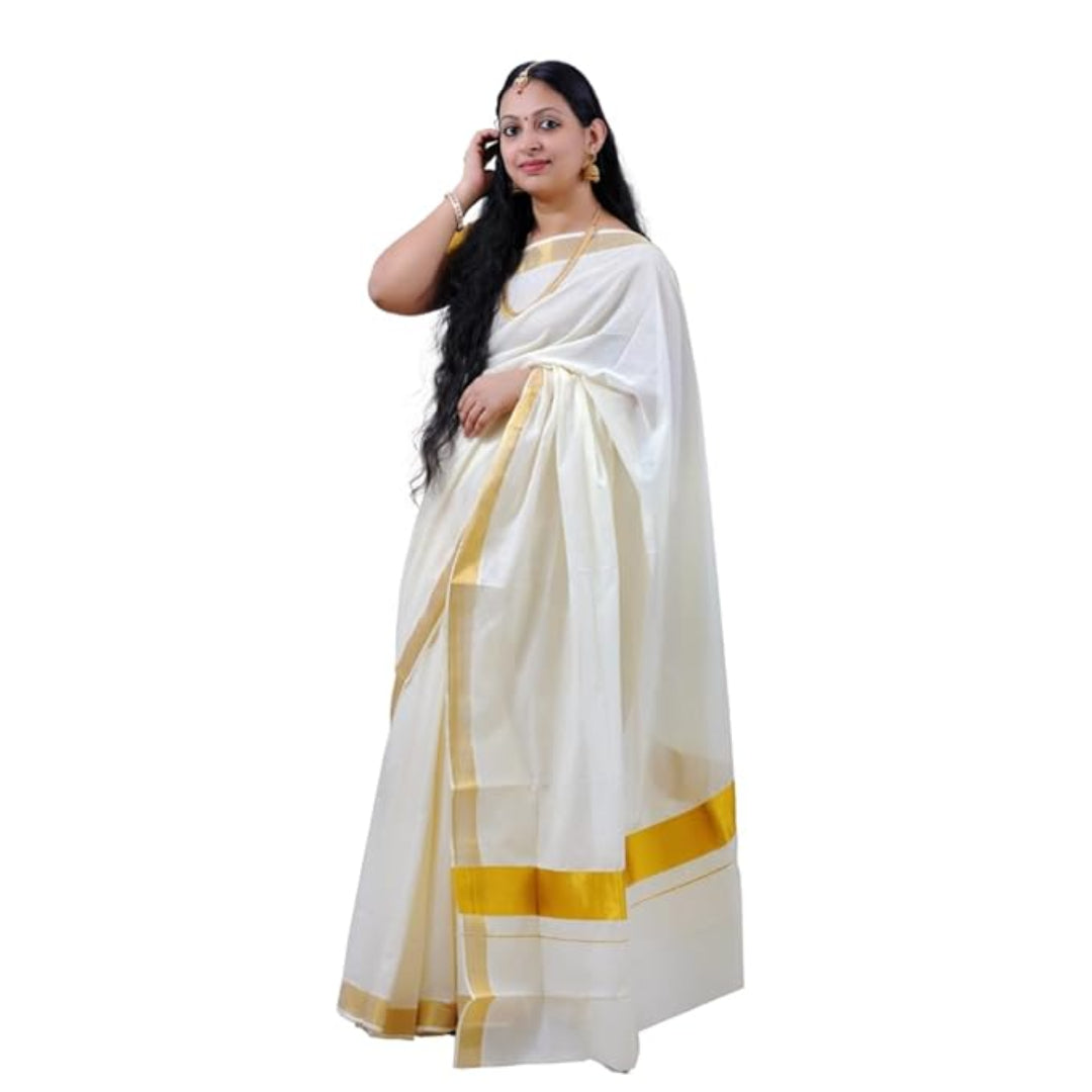 Iris Posh Women's South Indian Kerala Kasavu Saree for Women | Traditional Onam Saree Golden Rich Pallu & Running Blouse | Festival & Temple Wear | Authentic Kasav Cotton Saree 6.25 Meters