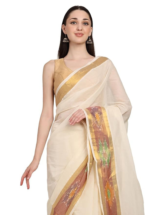 Iris Posh Kerala Kasavu Cotton Saree, Offwhite with Multicolour Border, Traditional Onam Style, 6.25 Metres