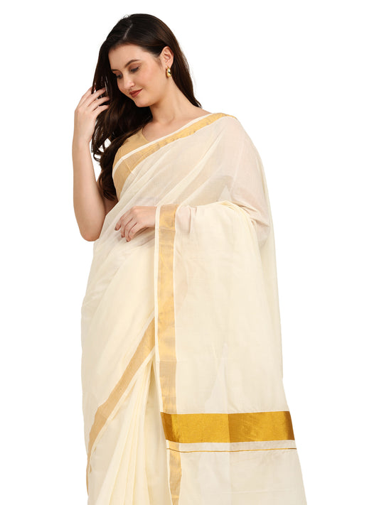 Iris Posh Women's South Indian Kerala Kasavu Saree for Women | Latest Onam Saree trendy Rich Pallu & Running Blouse | White Cotton saree for women with 6.25 Meters length