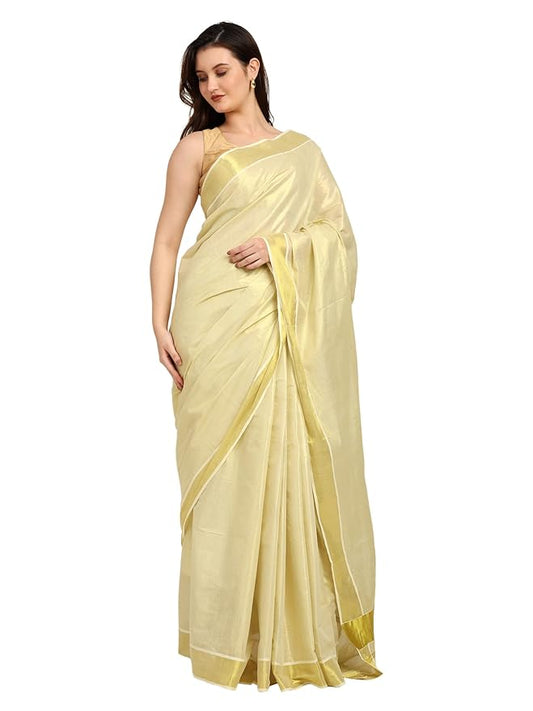 Iris Posh Women's Kerala Kasavu Golden Tissue Saree with Running Blouse | Premium Pure tissue Cotton | White & Golden South Indian Traditional Saree for Onam, Weddings & Festivals | 6.25 Metres