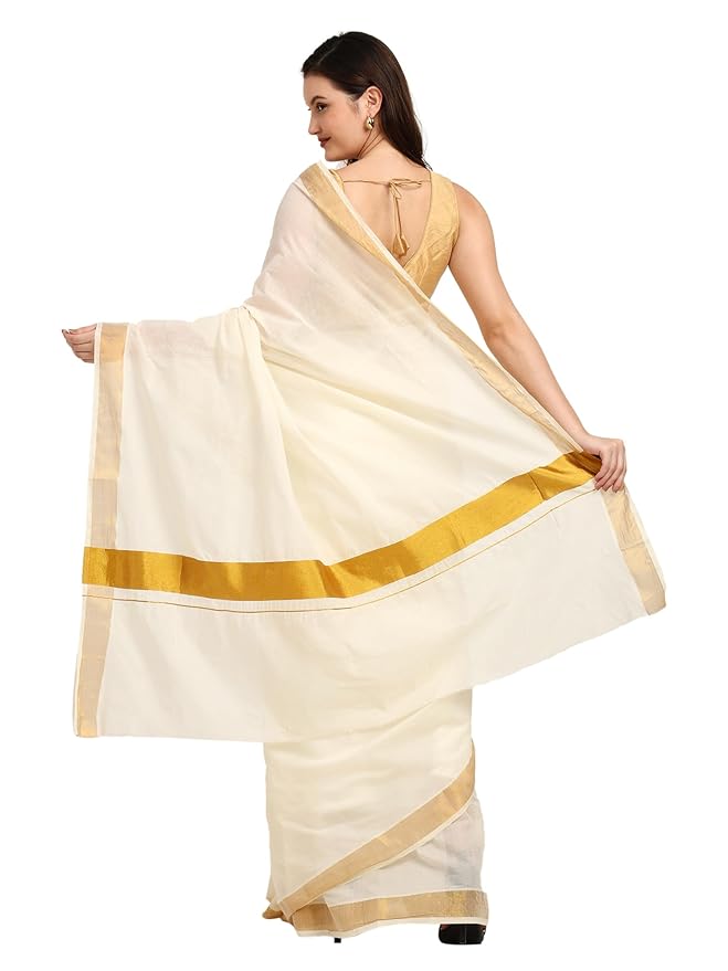 Iris Posh Women's South Indian Kerala Kasavu Saree for Women | Latest Onam Saree trendy Rich Pallu & Running Blouse | White Cotton saree for women with 6.25 Meters length